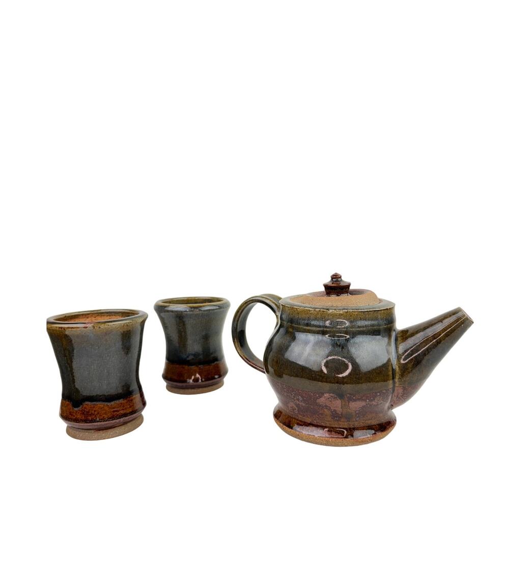 Brown Green Ceramic Hand Thrown Pottery Decorative Cup & Teapot Tea Set 3-Piece